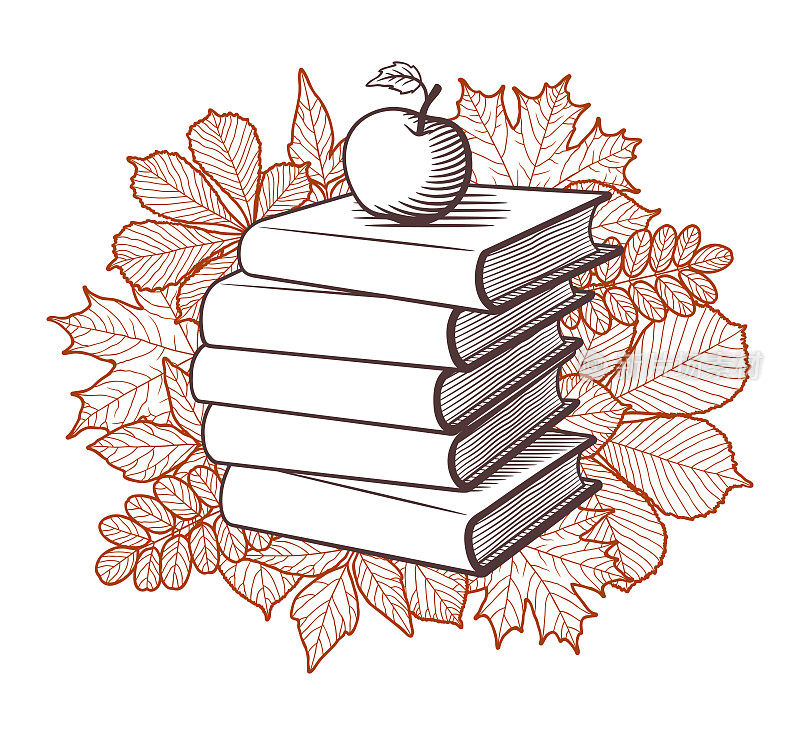 Books, apple and autumn leaves. Vector drawing
